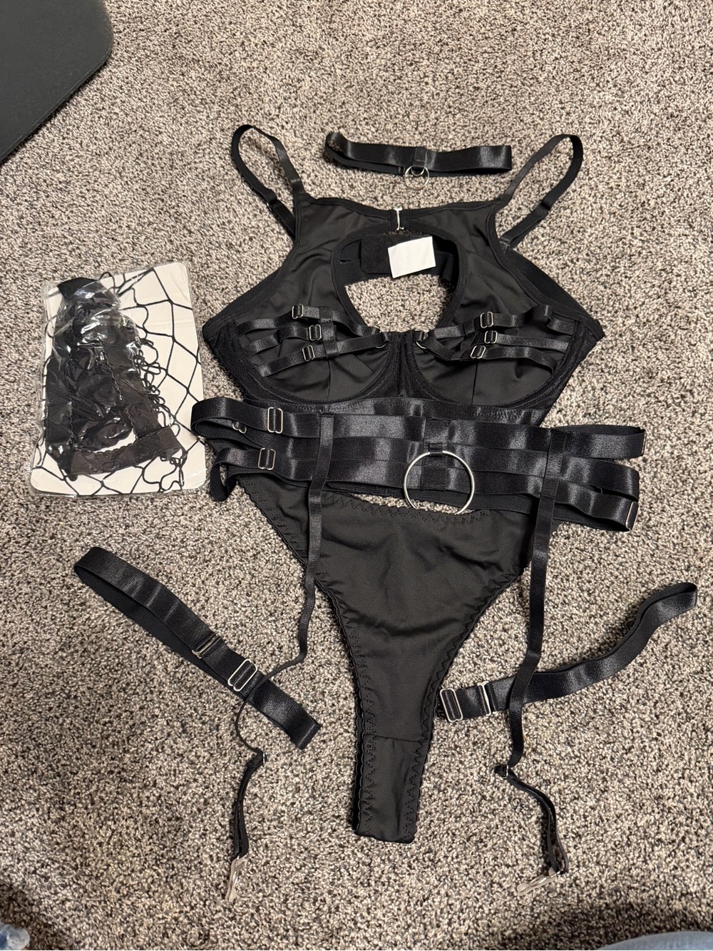 Strappy Black Harness Bra & Panty Set with O-Ring Accent Size Medium New